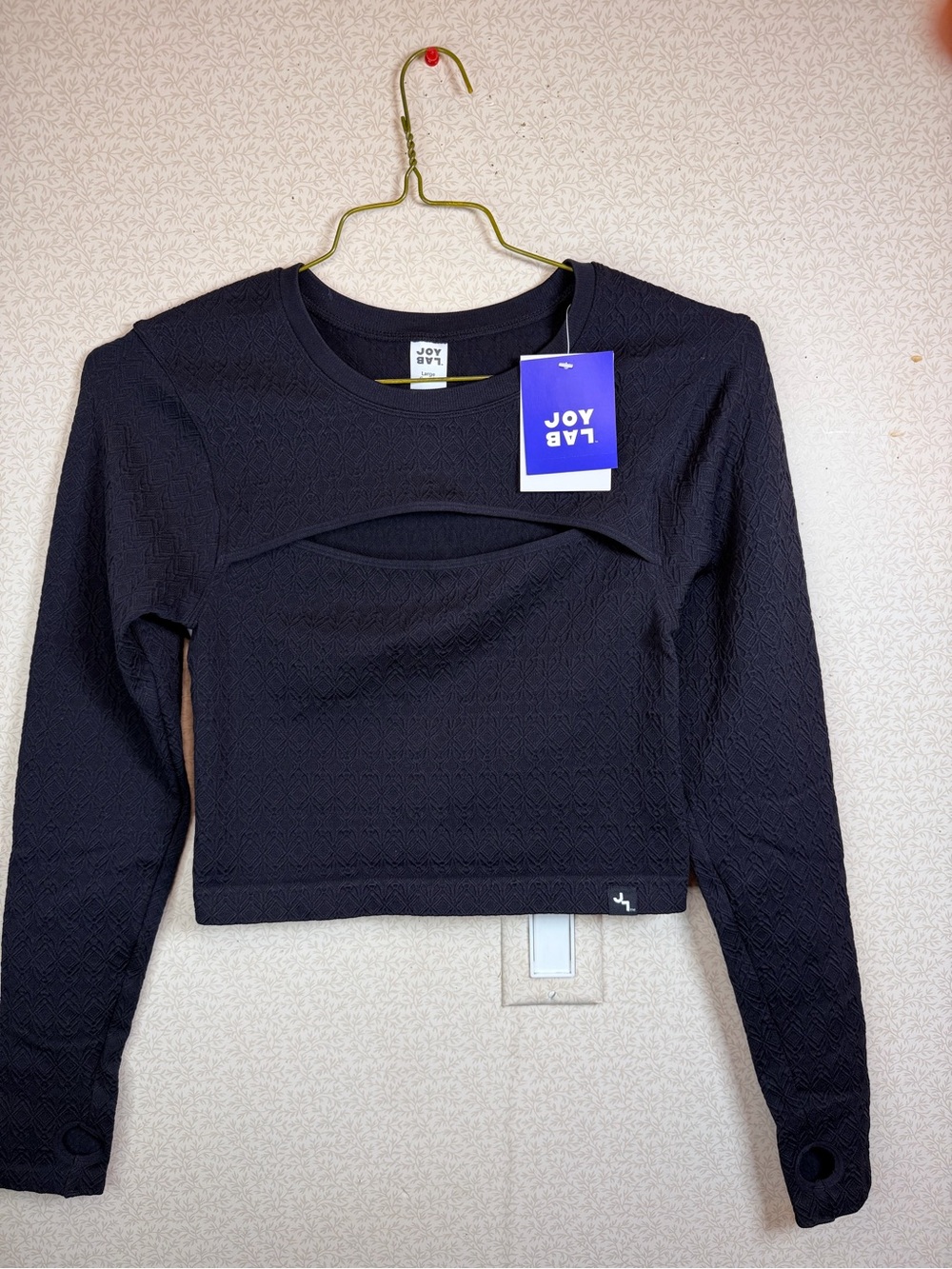 NWT JoyLab Black Long-Sleeve Cropped Active Top with Front Cutout